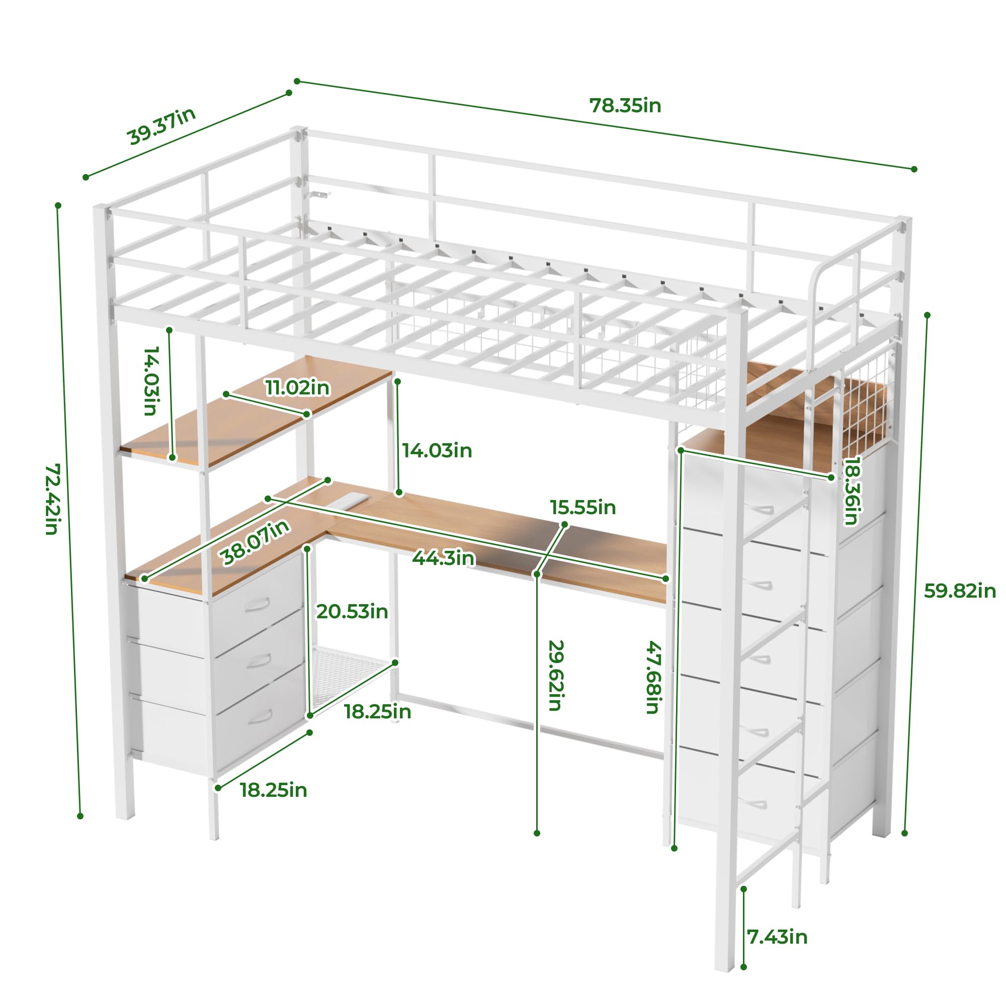 Twin Loft Bed with Desk & LED Lights