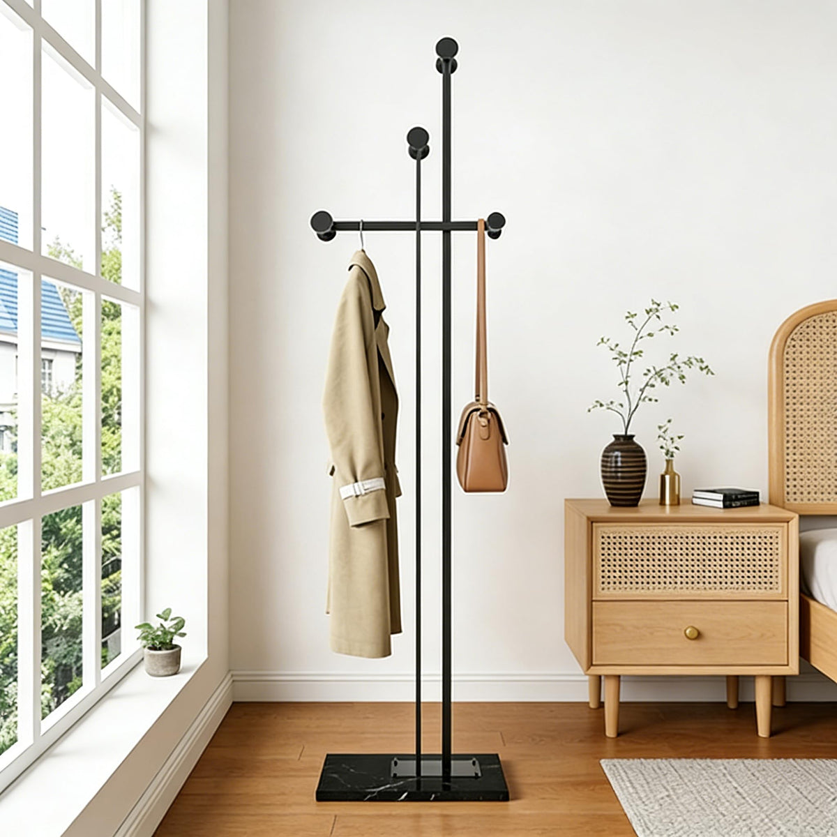 JIAYUEJU Heavy Duty Coat Rack Freestanding Marble Base Coat Tree (Black)