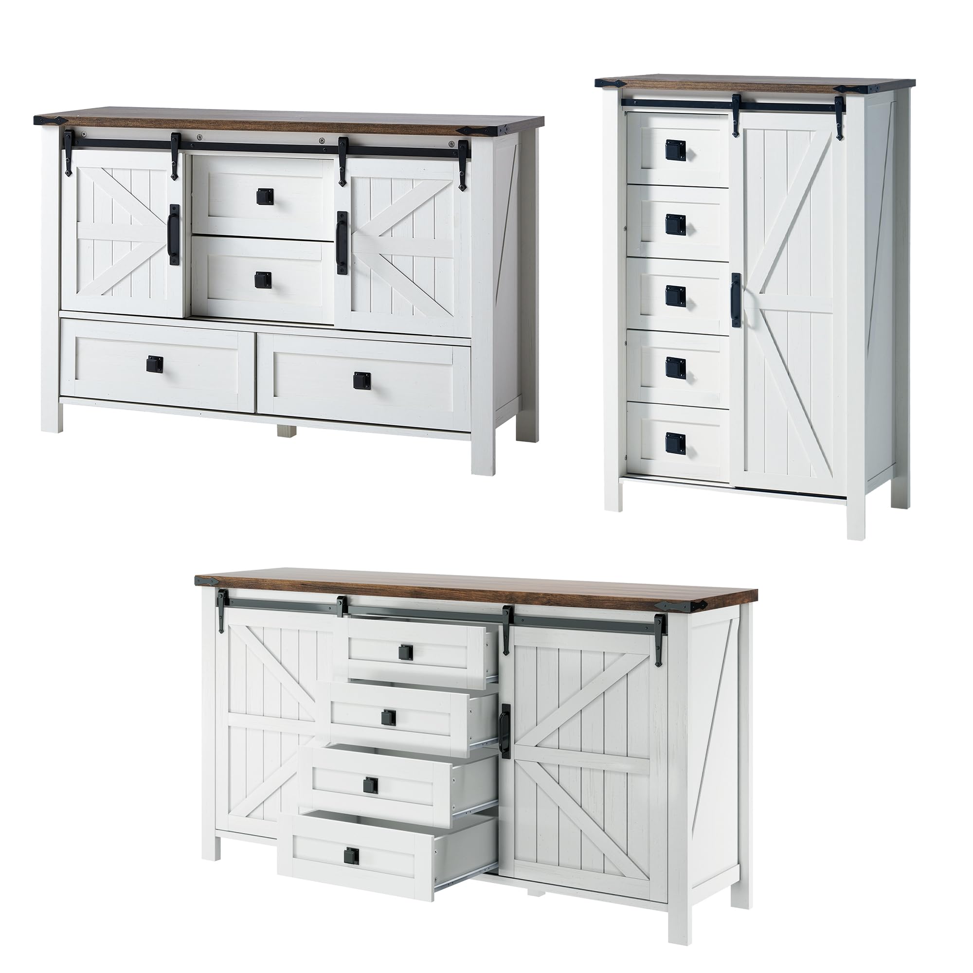 LUXOAK 3 Pieces Bedroom Set - Includes 60" Farmhouse Dresser, 48" Chest of Drawers with Sliding Barn Doors, 48" Tall Storage Cabinet with 5 Drawers, Rustic White