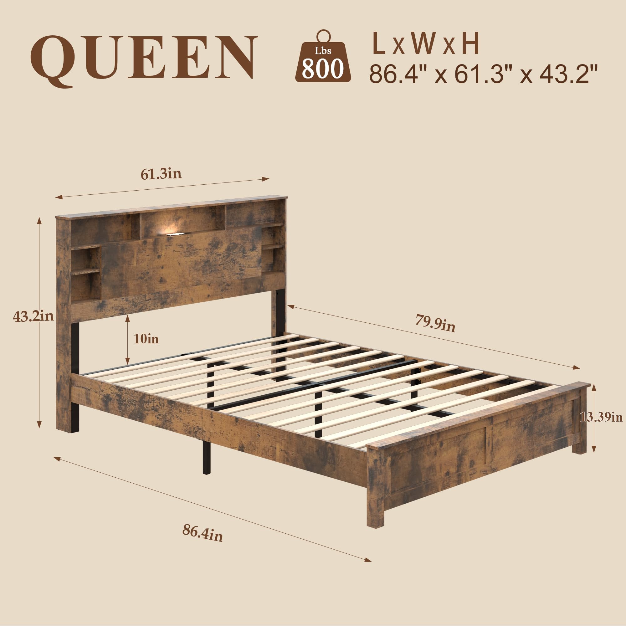 MLJWI Wood Queen Size Bed Frame with Storage Headboard, Farmhouse Platform Bed Frame with Charging Station & LED Lights, Noise Free, No Box Spring Needed (Dark Brown, Queen)