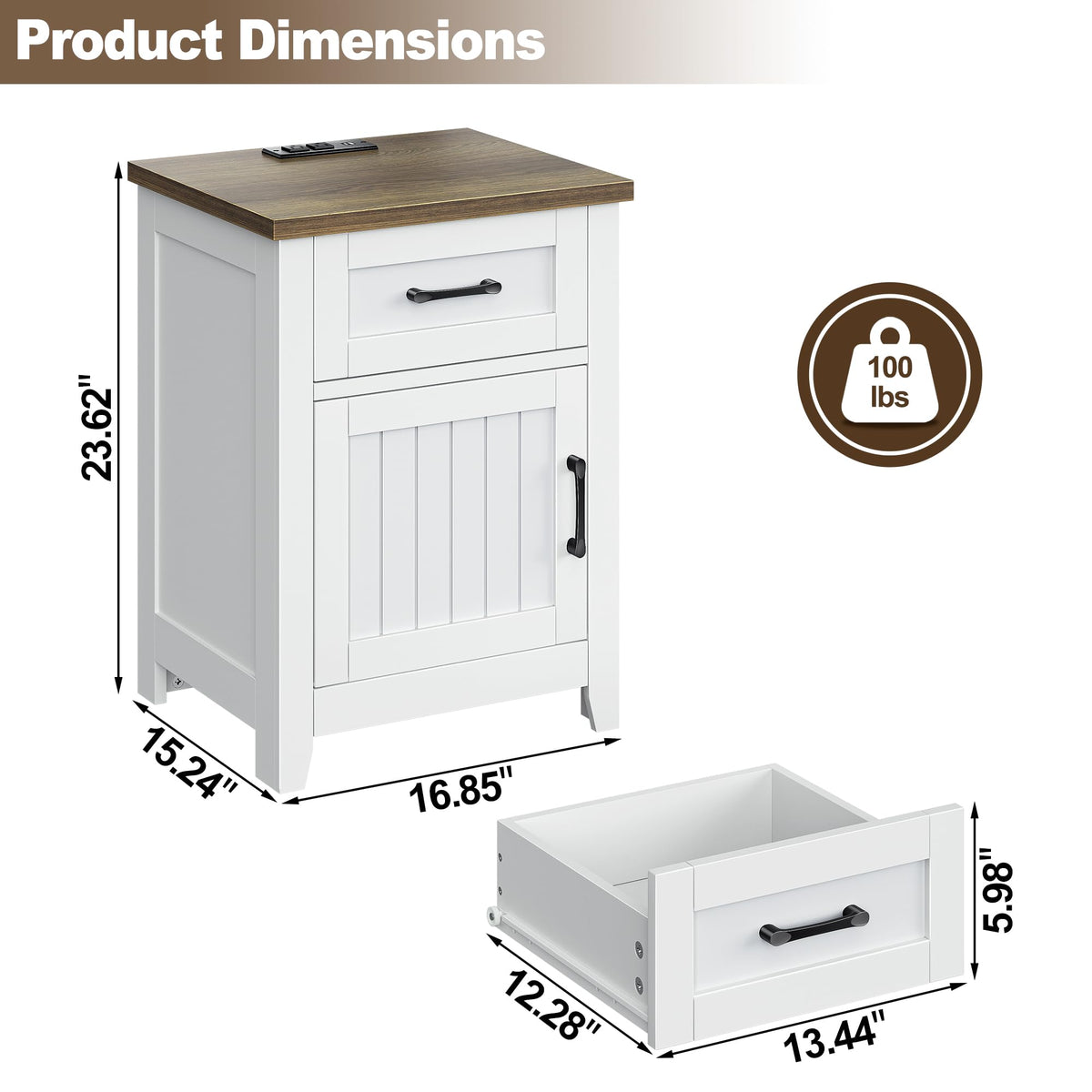 Decofy Farmhouse End Table Set of 2 with Charging Station White