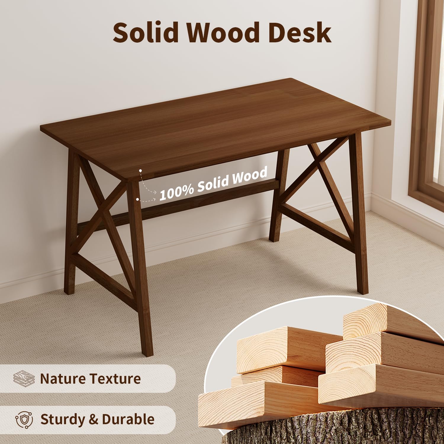 Solid Wood Computer Desk with X-Shaped Legs