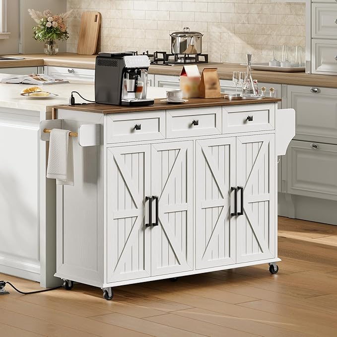 Kitchen Island Cart with Drop Leaf & Power Outlet