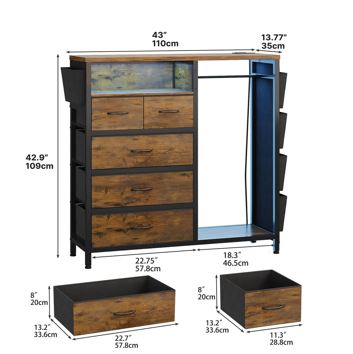 Dresser with Clothes Rack, 5 Drawer Chest with Charging Station & LED
