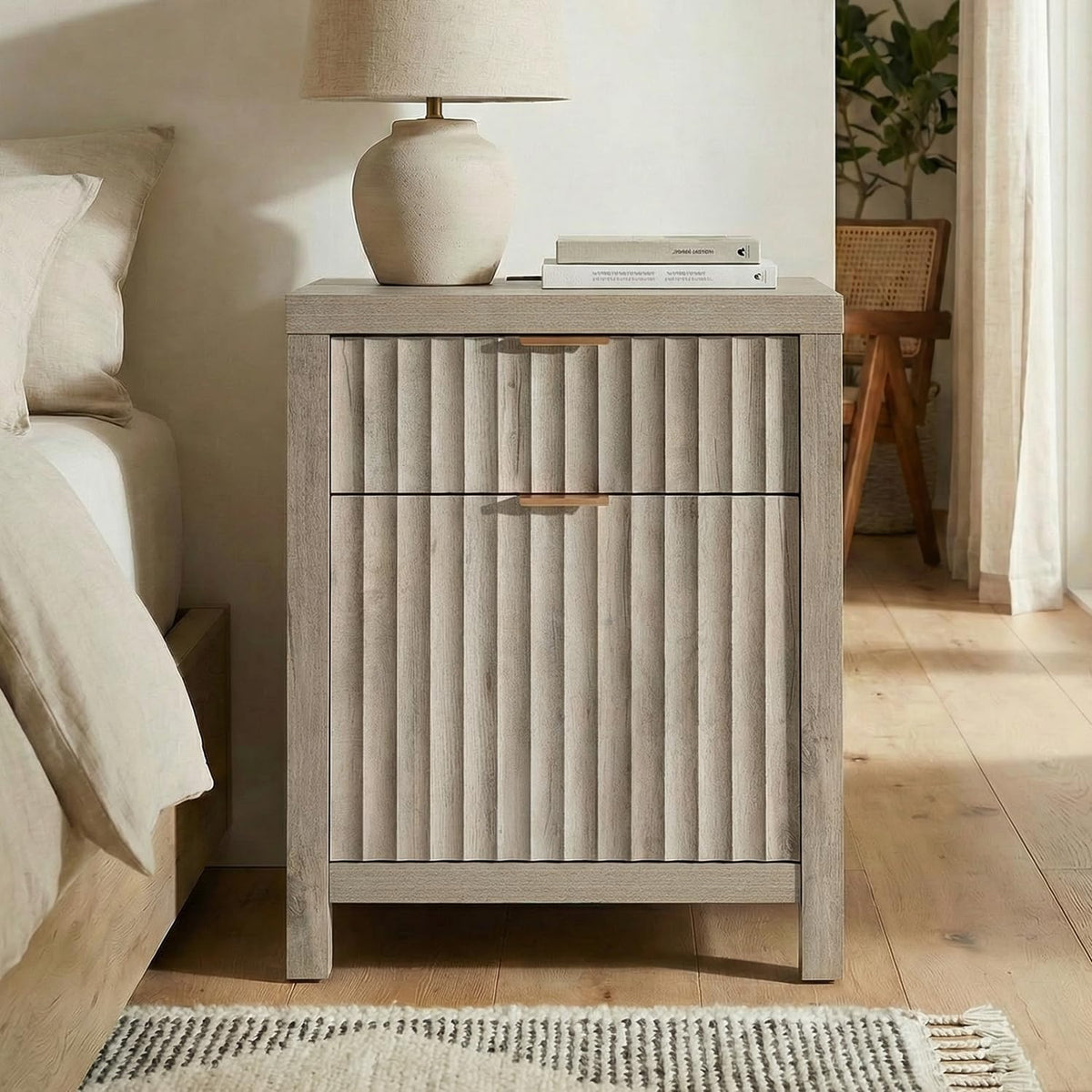 Fluted Nightstands with Charging Station, Set of 2