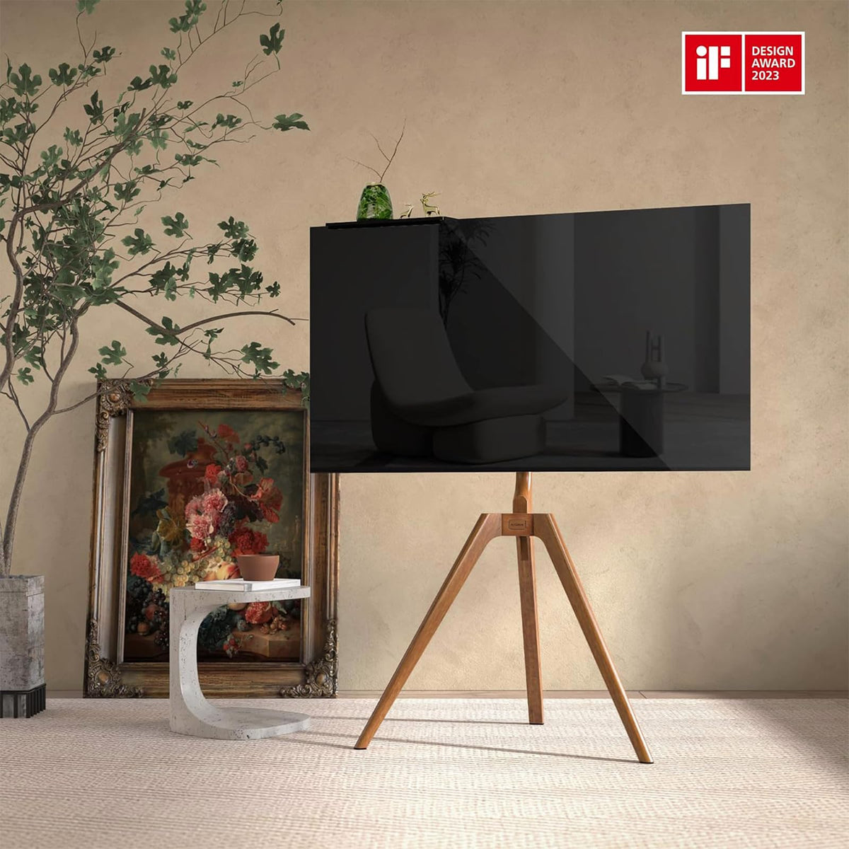 PUTORSEN Solid Wood Easel TV Stand for 45-65'' TVs, Hidden Cable, Walnut