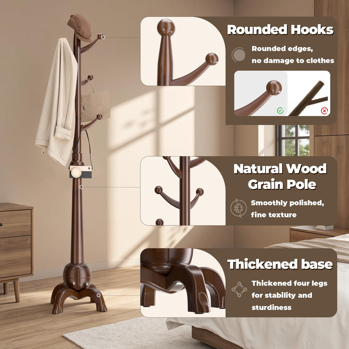 8-Hook Solid Wood Coat Rack