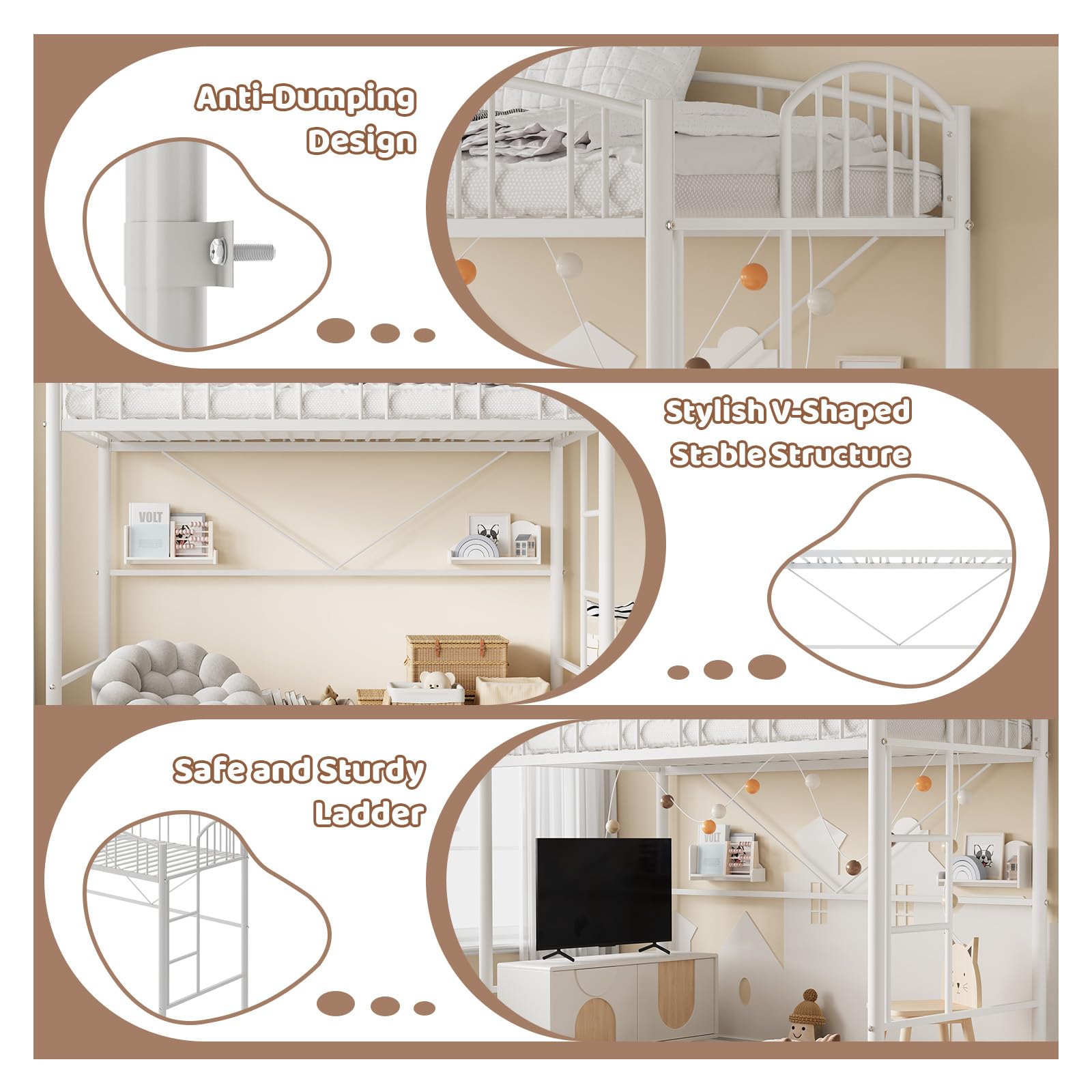 Twin Size Metal Loft Bed Frame with Arched Guardrail & Safety Ladder