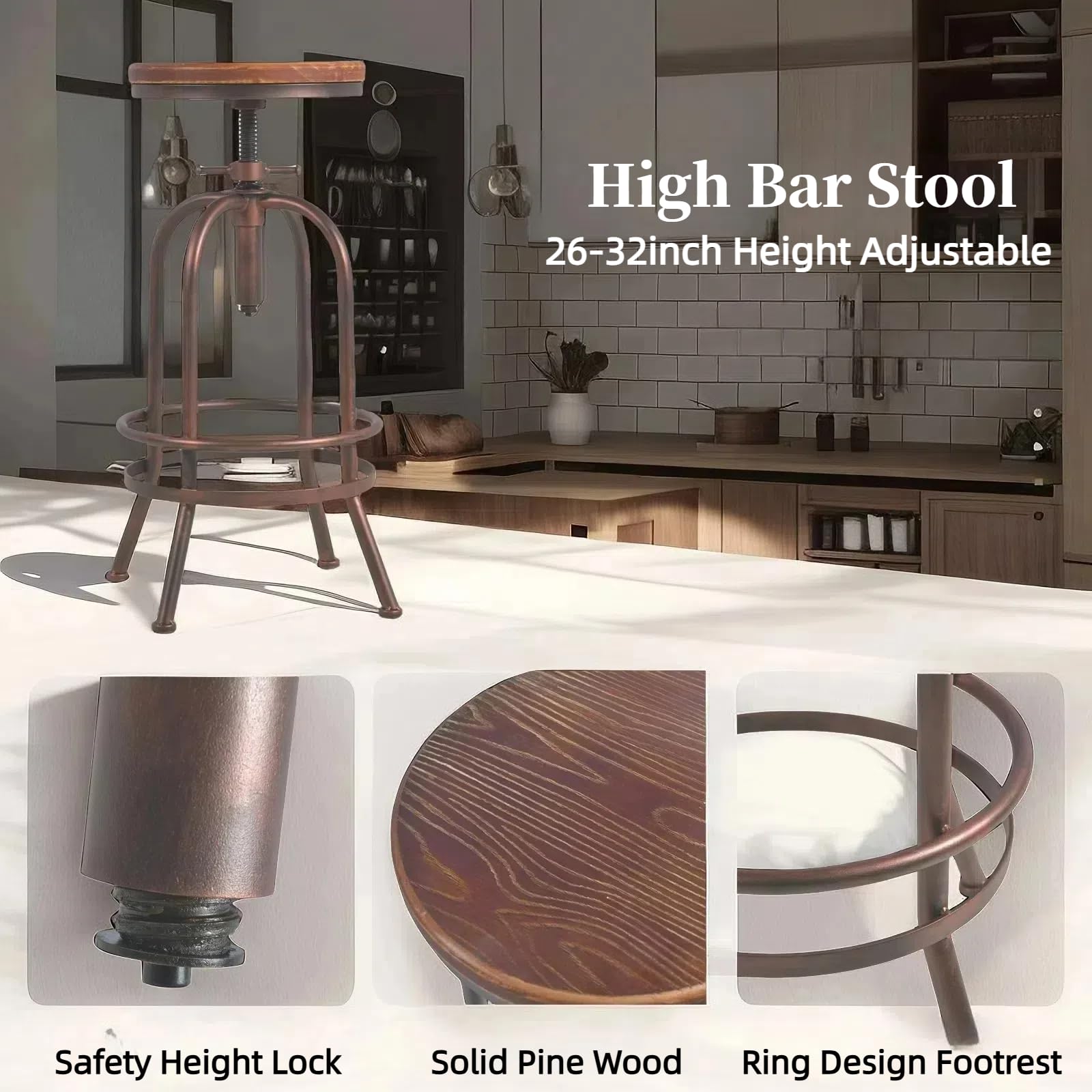 3 Pieces Vintage Dining Table Set Industrial Pub Table and Chairs Rustic Bar Table with Stools Swivel High Top Table Height Adjustable