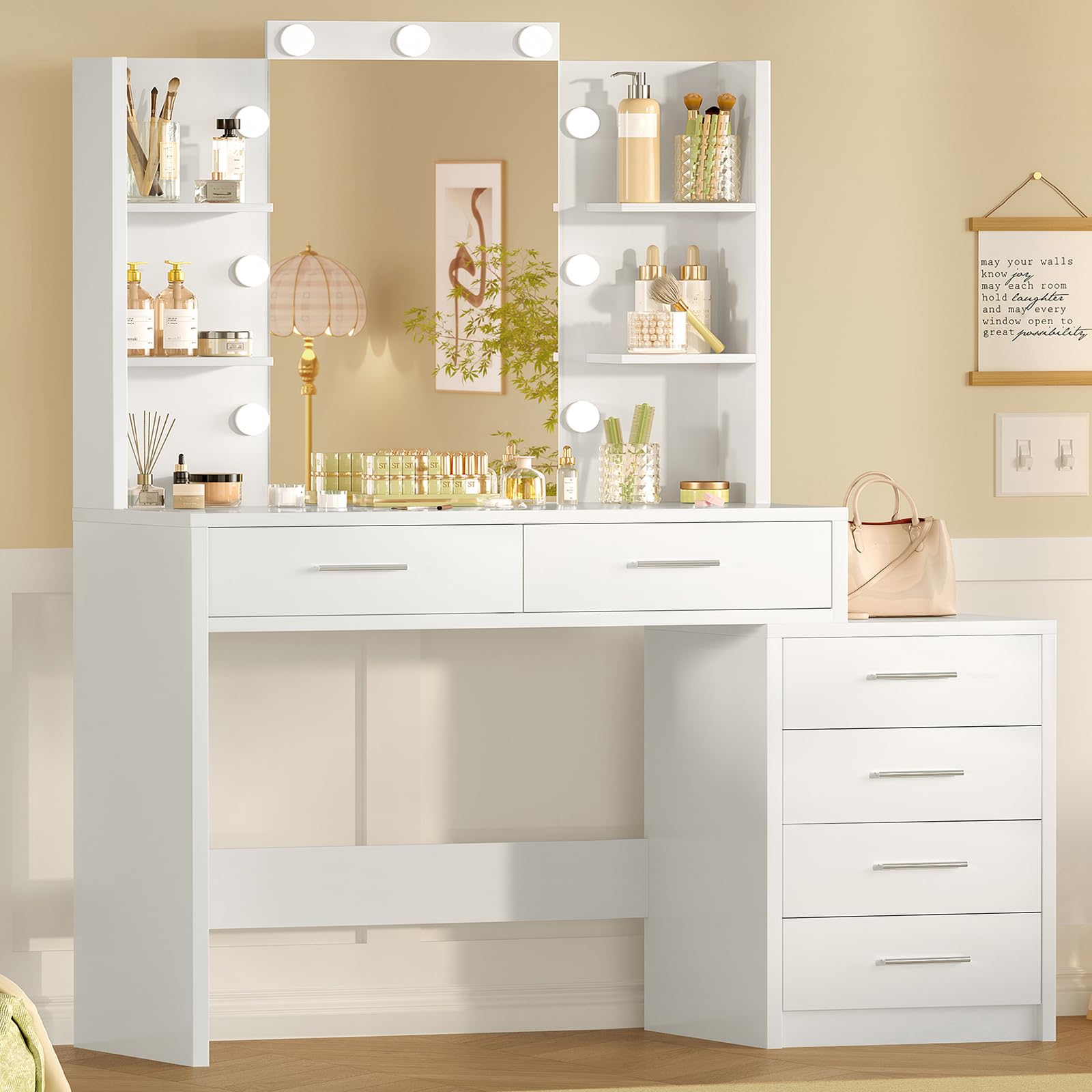FIONESO 43.3" W Vanity Desk with Mirror and 9 LED Lights, Makeup Vanity with 6 Drawers, 6 Open Shelves, 3 Color Modes & Adjustable Brightness, Dressing Table for Girls Bedroom, White