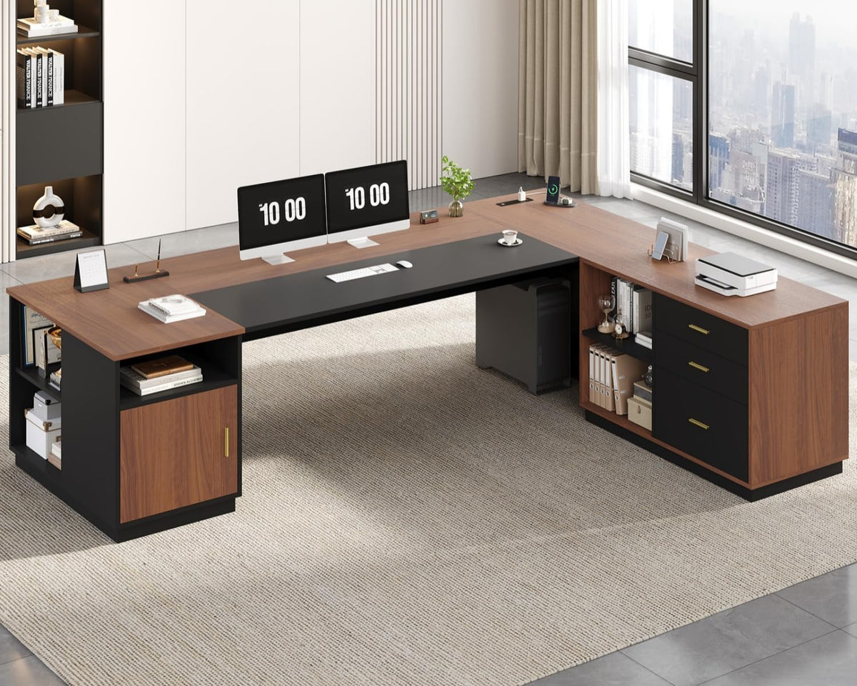 L-Shaped Executive Desk with File Cabinet