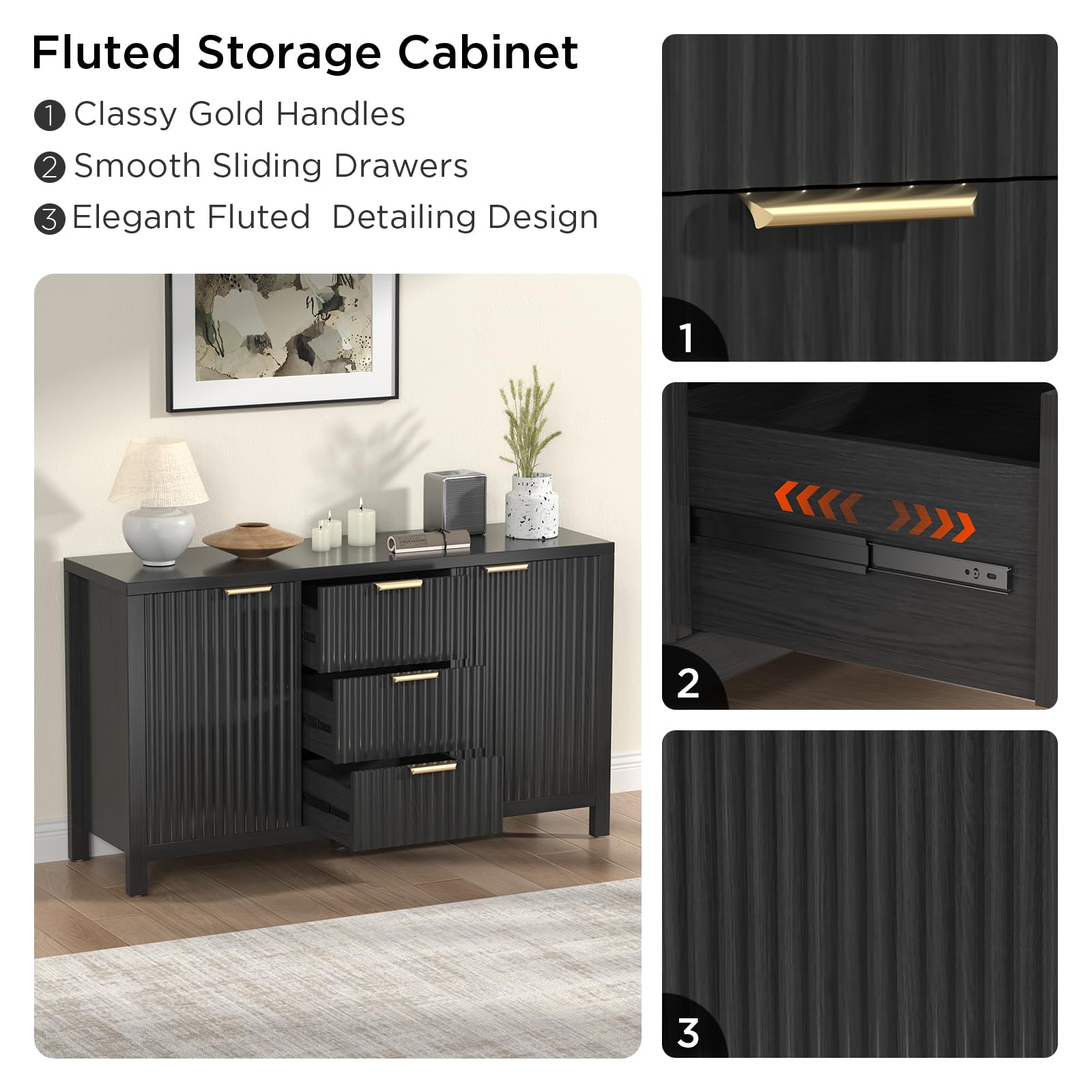 OUTISAN Fluted Sideboard Buffet Cabinet 47.2" Buffet Cabinet with 3 Drawers & 2 Doors, Large Coffee Bar Console Table for Dining Room, Living Room, Entryway