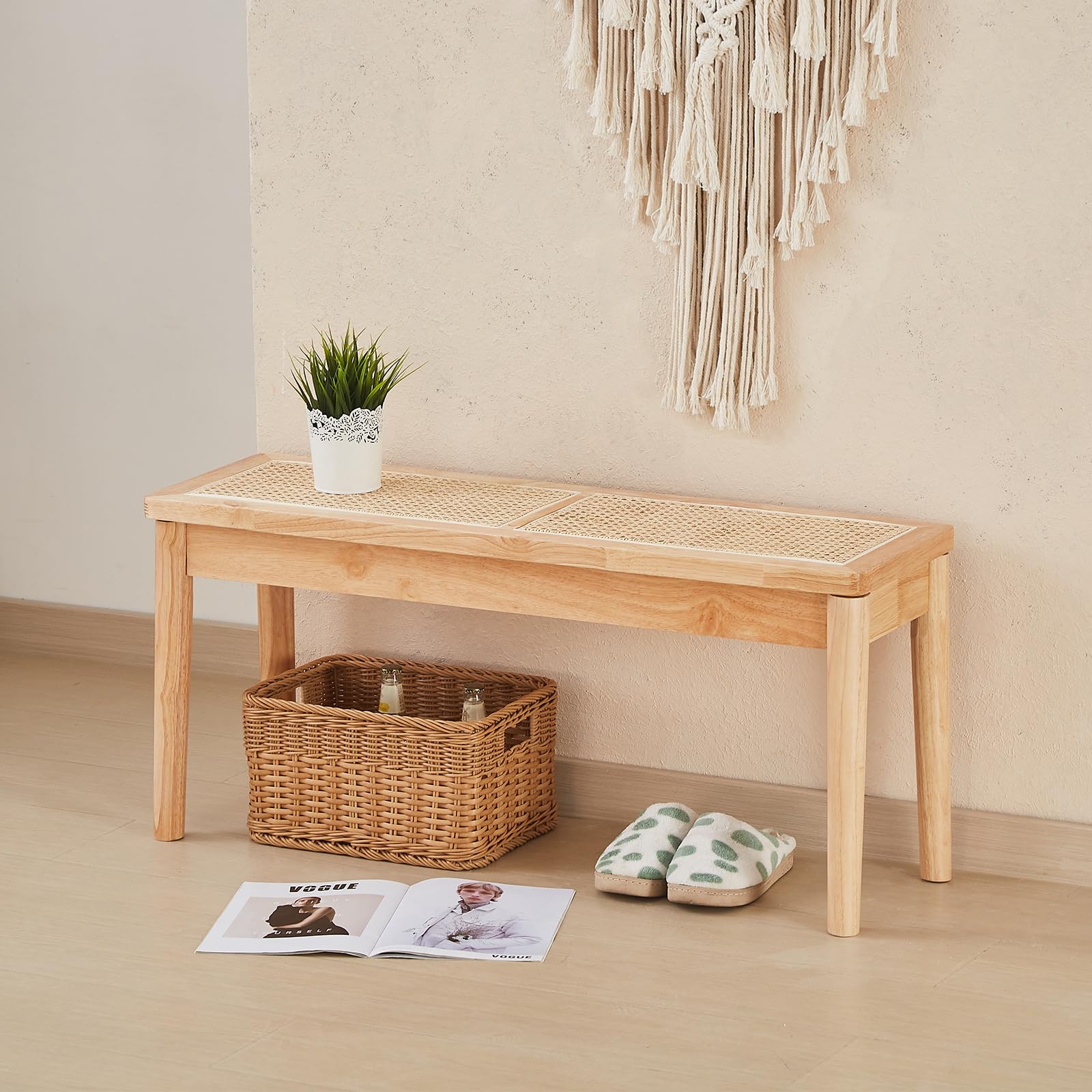 Jimenuco 40" Wooden Dining Bench with Hand Woven Rattan Seat,Solid Wood Bench for Entryway,Living Room,Kitchen and Bedroom（Nature Wood，18" H