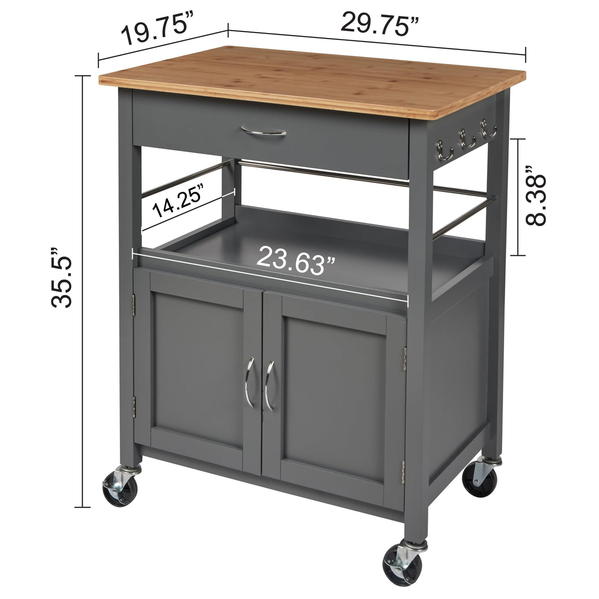 eHemco Kitchen Island Cart on Wheels, Gray Base, Natural Bamboo Top