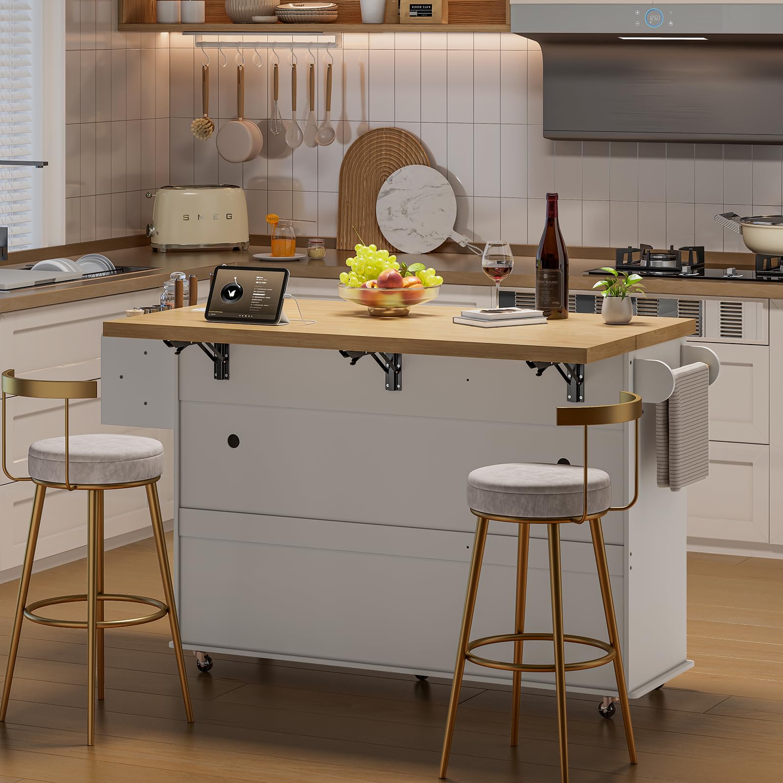 60" Rolling Kitchen Island with Power Outlet & Drop Leaf