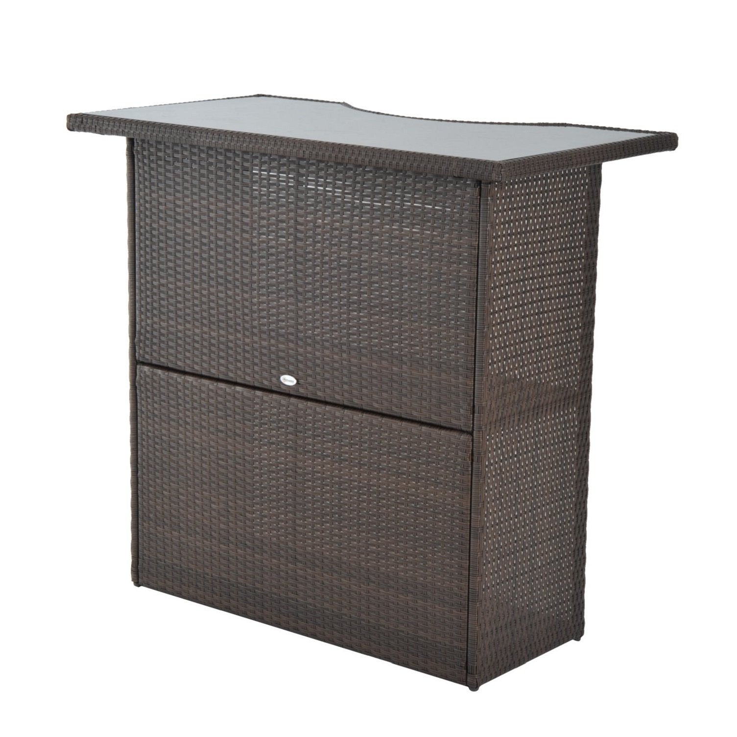 Outsunny 5 Pcs Rattan Wicker Bar Set, High Top Outdoor Table and Chairs, Bar Height Patio Set with Glass Table Top 2 Tier Storage Shelf, and 4 Bar Stools for Garden, Poolside, Dark Brown