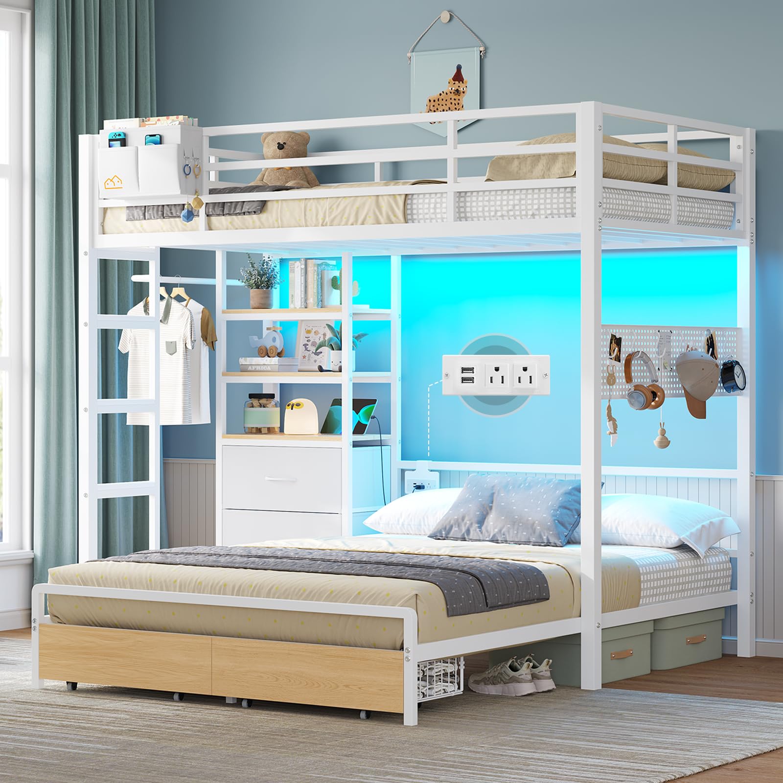 Twin Over Full Bunk Bed with Storage Drawers, Bookshelf & LED Lights