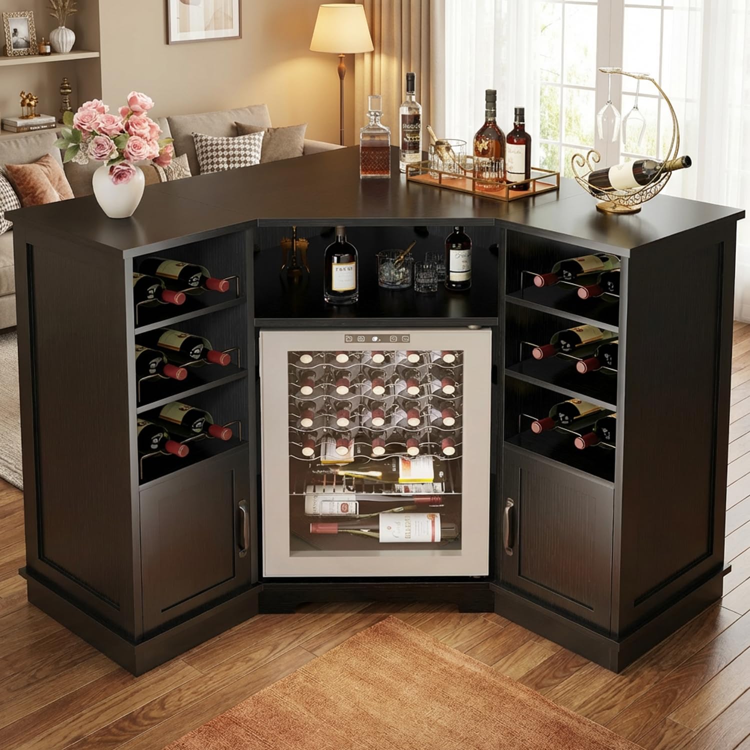 HSH Corner Bar Cabinet with Mini Fridge Space, Modern Wood Bar Cabinet with Wine Racks & Storage Doors, Large Liquor & Wine Cabinet for Kitchen Living Room Home Bar, Black Oak, 40 Inch
