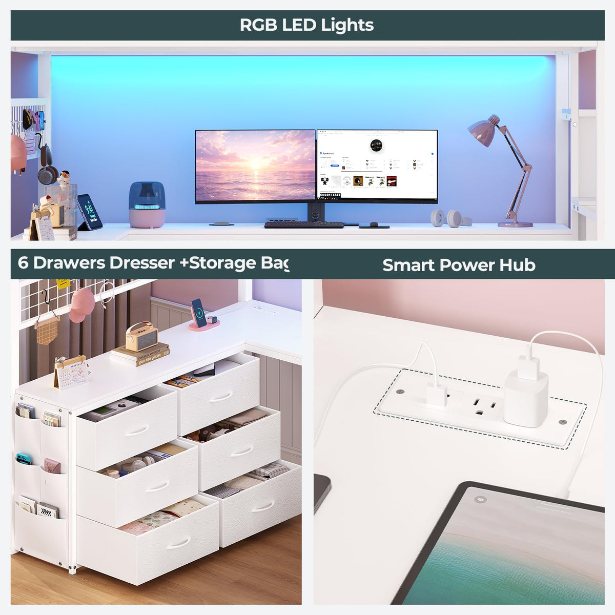 ADORNEVE Full Size Loft Bed with L Desk and Storage Stairs, White