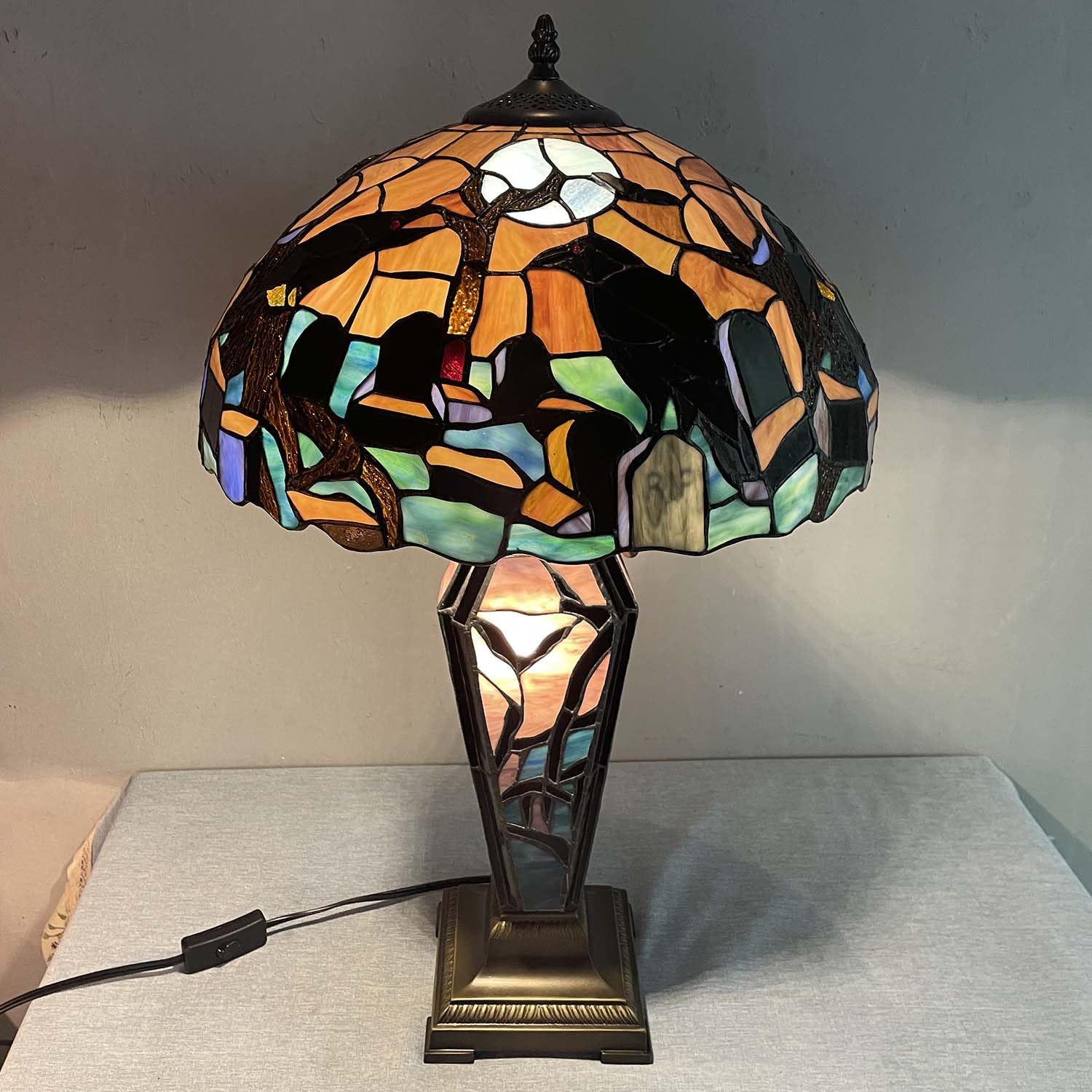 Bieye L10987 Ravens in Spooky Cemetery Tiffany-Style Stained Glass Table Lamp with Coffin Base Night Light - Gothic Graveyard Scene (Dark Orange, 16Wx26H inch)