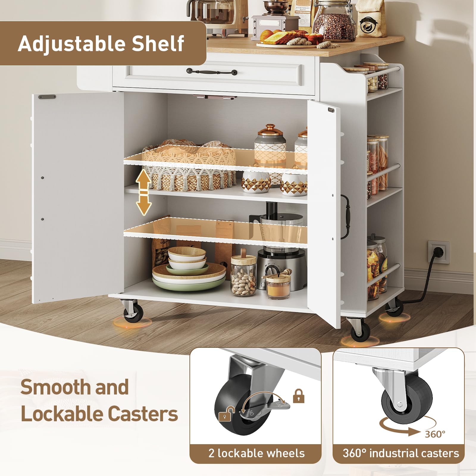 RALGEND Kitchen Island with Power Outlets & Drop Leaf, Rolling Kitchen Cart on Wheels, Kitchen Storage Island with Spice Rack and Drawer, Mobile Island Table for Kitchen, Dinning, White and Natural