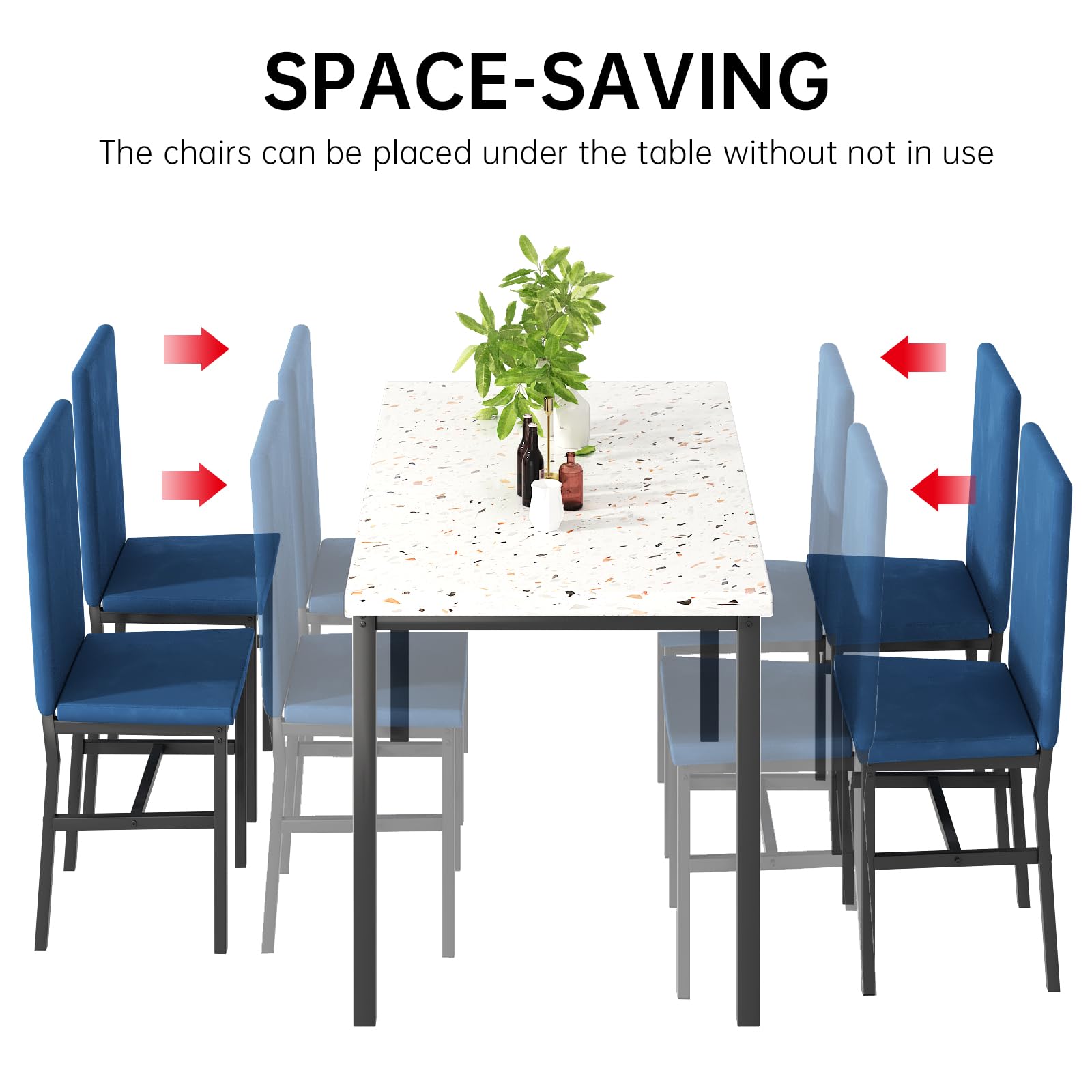 AWQM Dining Table Set for 4, Modern Faux Marble Dining Table Set with 4 Upholstered Velvet Chairs, Dining Room Table Set for Kitchen, Breakfast Nook, Dining Room, Blue