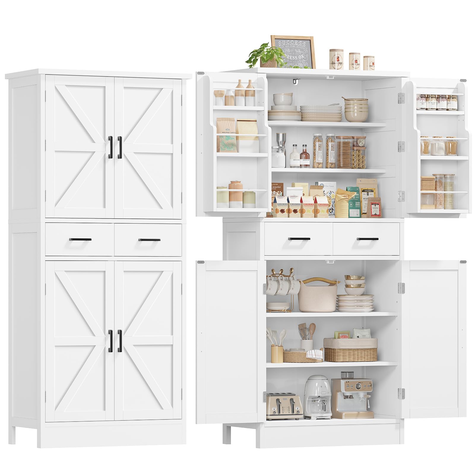 TEENFON Farmhouse Pantry Cabinet, 66.9″H Tall Kitchen Storage Cabinet with Barn Doors, Adjustable Shelves & Drawer, Freestanding Cupboard for Kitchen, Dining Room, Living Room, Bathroom, White
