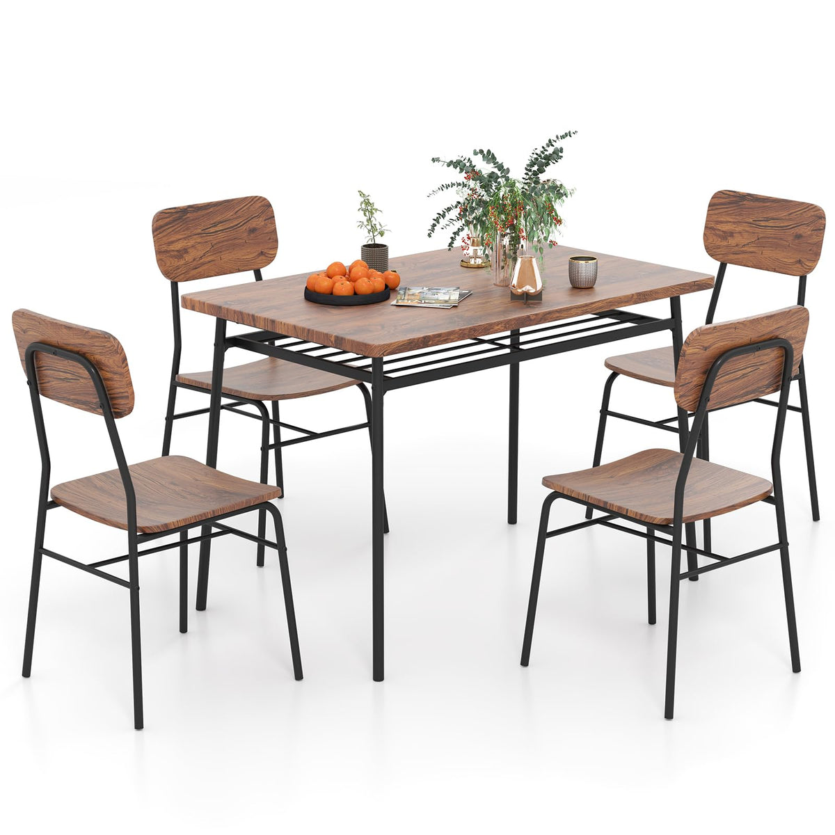 Tangkula Dining Table Set for 4, Square Kitchen Table & Chair Set, Brown