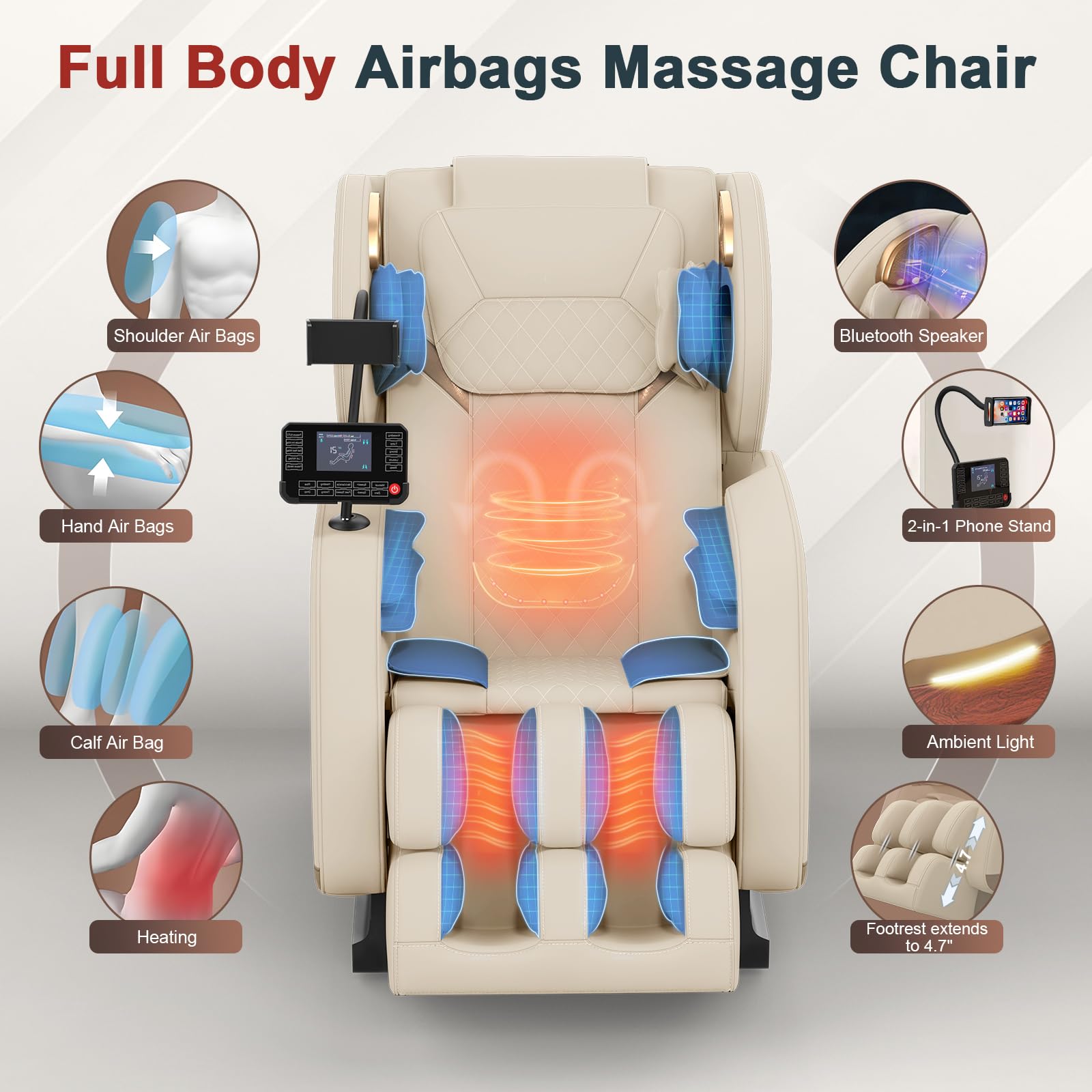 2026 Massage Chair, Massage Chairs Full Body and Recliner with 10 Fixed Points, Zero Gravity, Wood Grain Leather, Foot Massage, Airbags, Lumbar Heating, Bluetooth and Control Screen (Ivory White)