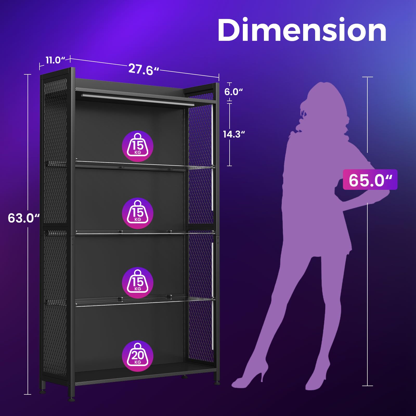 5-Shelf Display Cabinet with RGB LED Lights & Glass Shelves