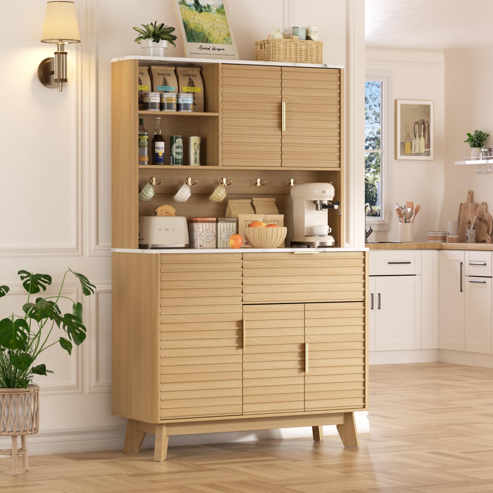 Vabches 65” Kitchen Pantry Storage Cabinet, Fluted Kitchen Hutch Cabinet with 4 Charging Stations and Large Countertop, Open Shelves & Drawers for Dining Room, Living Room,Modern, Natural