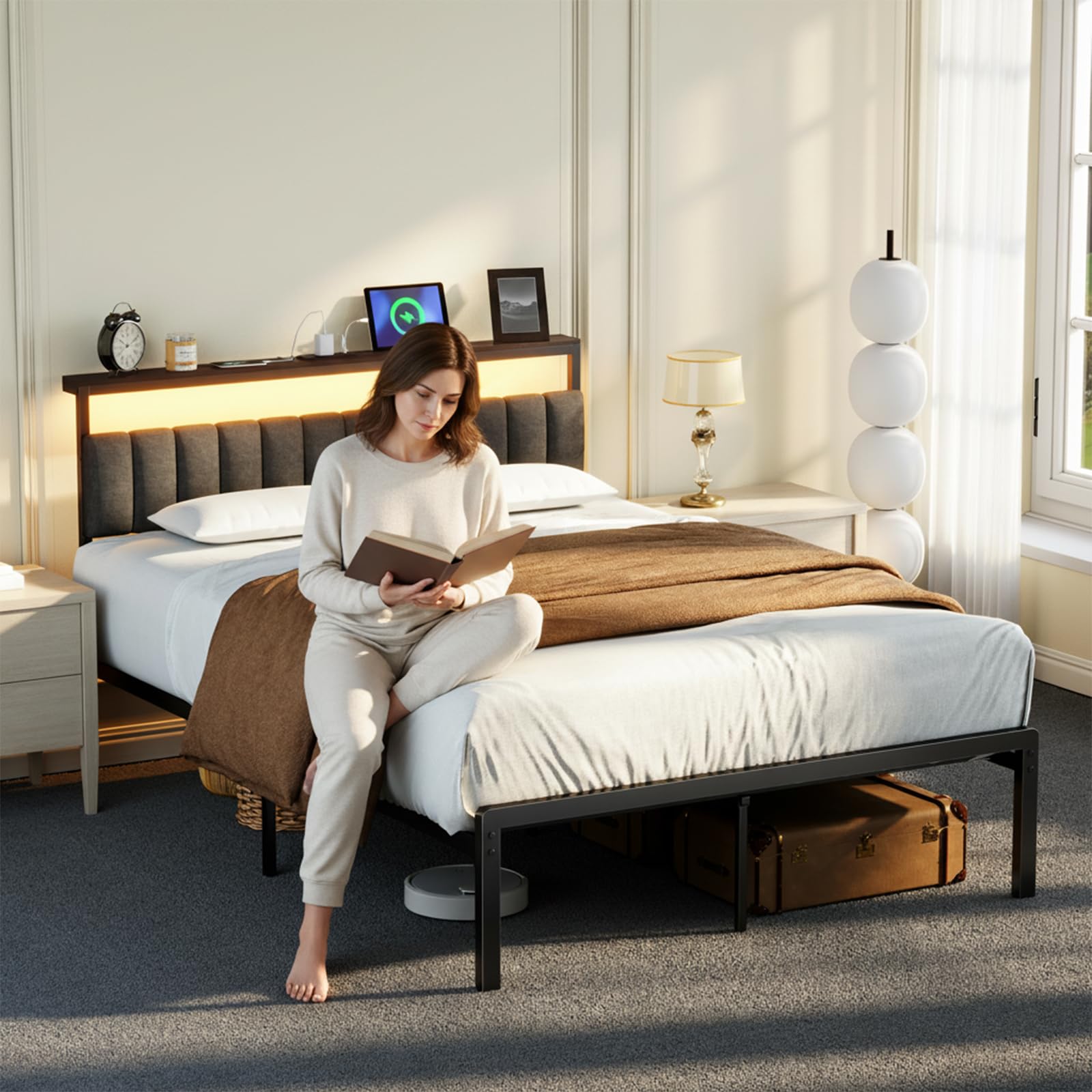 Woanke Full Bed Frame with Headboard, Sturdy Metal Bed Frame with Led Light&Charging Station, Bed Frame Full Size Noise-Free/AssemblyEasily, Double Bed Frame for Individual, Black Full Size Bed Frame