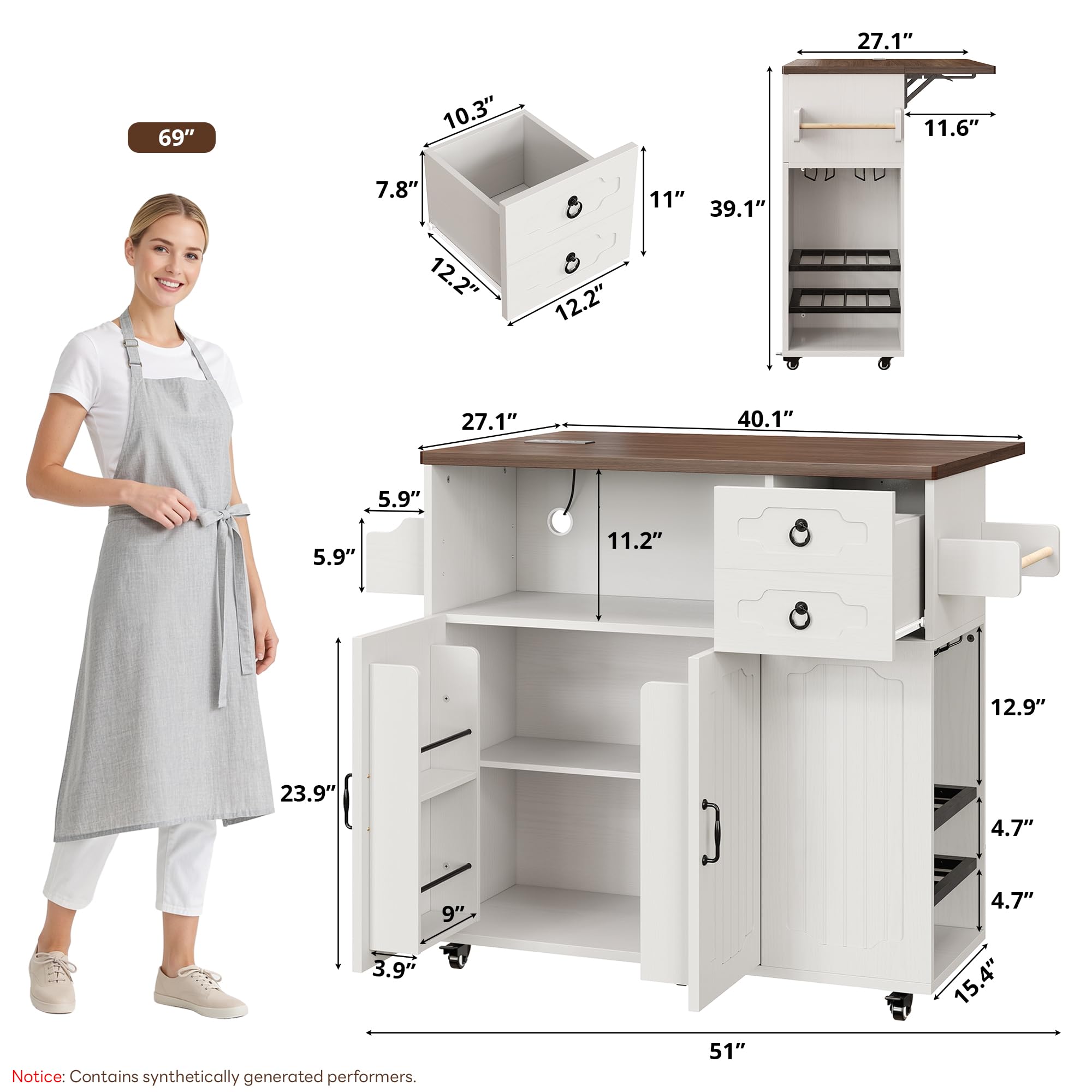LIKIMIO 51" Mobile Kitchen Island with Drop Leaf & Power Outlet, Kitchen Rolling Island with Storage Cabinets & Drawers, Kitchen Island Cart with Glass Holder & Wine Rack for Dining Room, White