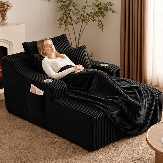 Oversized Chaise Lounge Chair with Cup Holder & Pillows