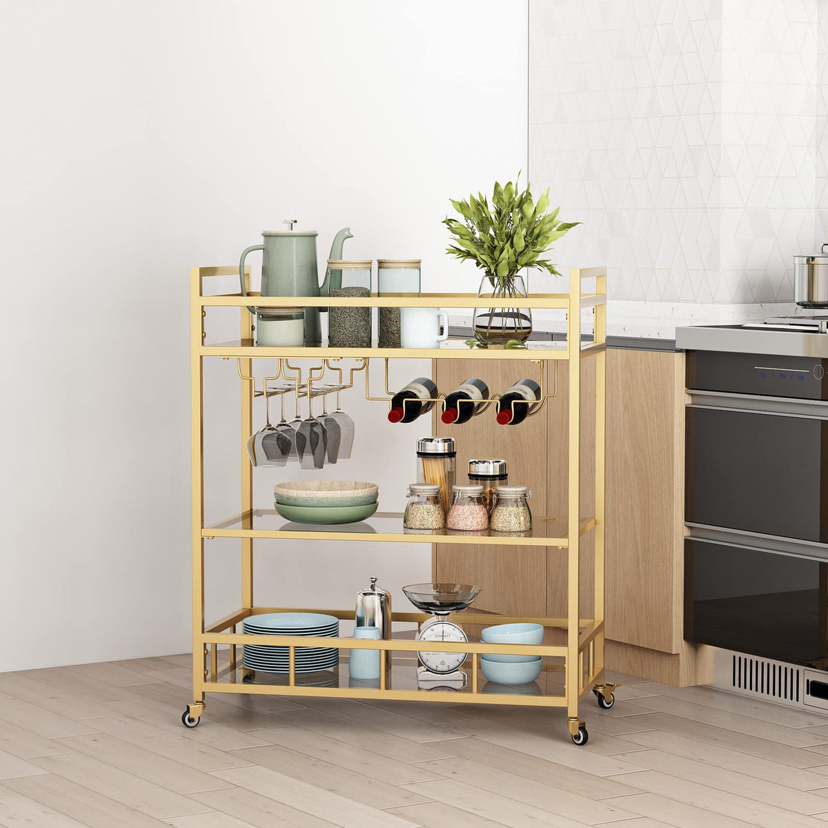 LORMITER Bar Cart Gold with Bottle Storage and Wine Glass, Rolling Serving Bar Cart on Wheels Indoor & Outdoor, Patio, Gold Kitchen Serving Cart for Party(3-Tier)