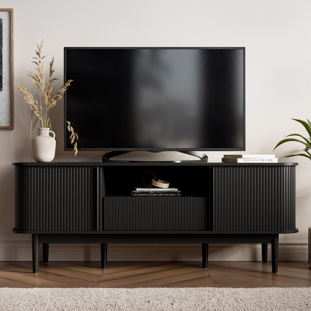Fluted Sliding Door TV Stand
