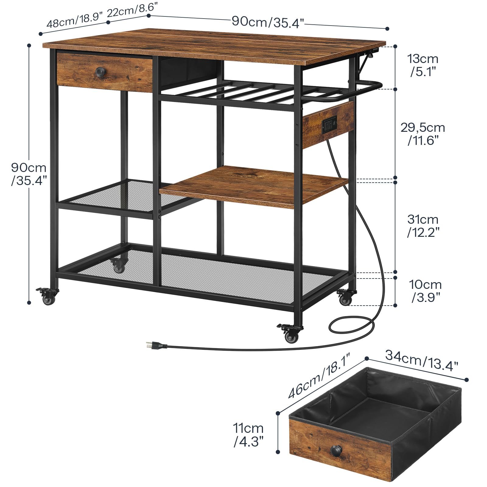 Rolling Kitchen Island with Drop Leaf & Power Outlet