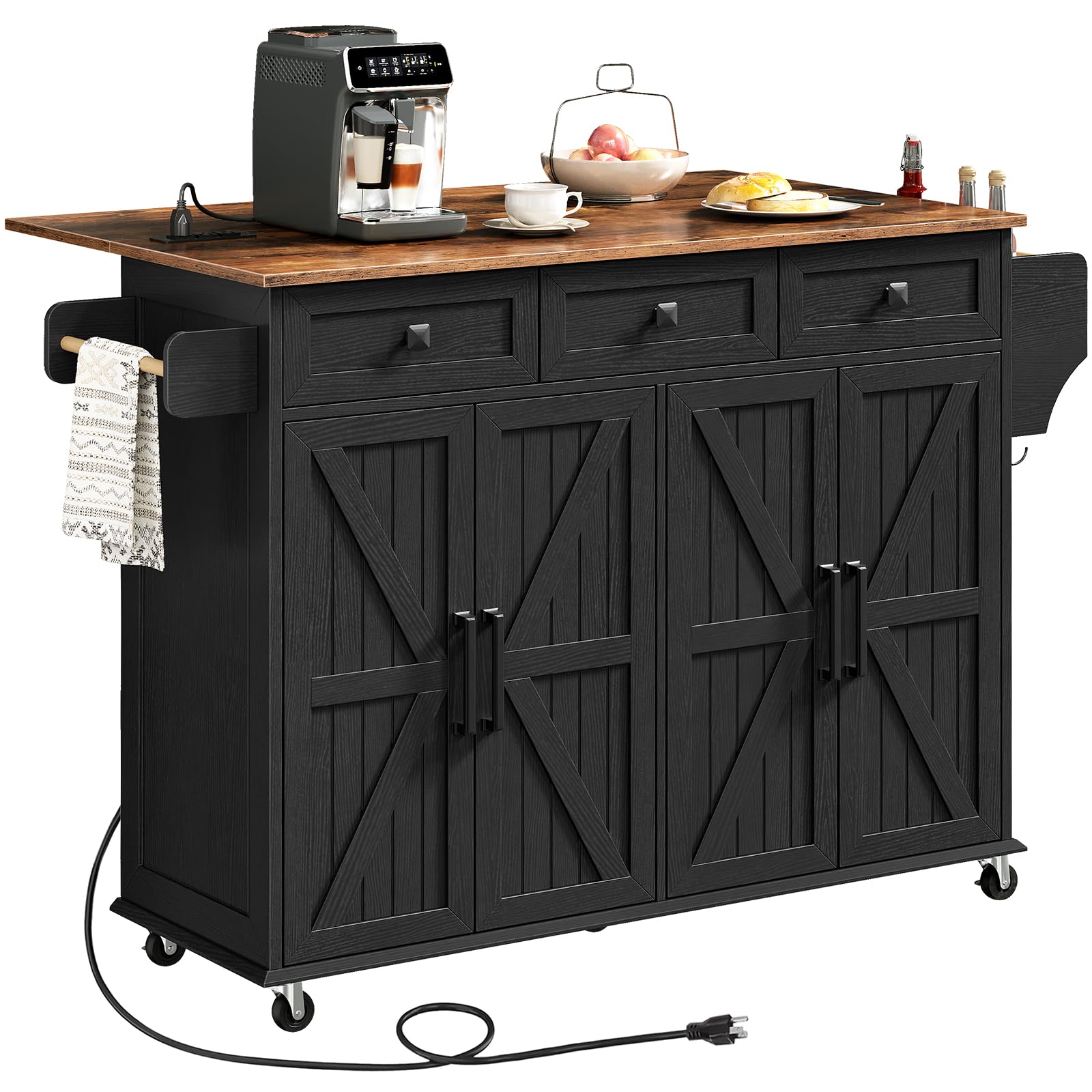 Kitchen Island Cart with Drop Leaf & Power Outlet