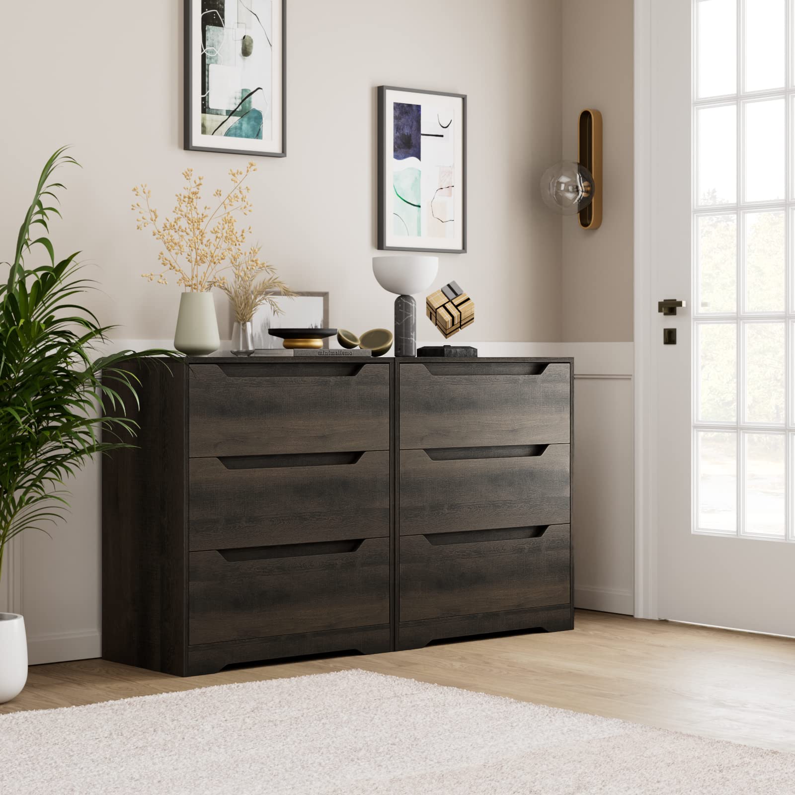 HOSTACK Modern 3 Drawer Dresser, Wood Chest of Drawers with Storage, Tall Nightstand with Cut-Out Handles, Side End Table, Accent Storage Cabinet for Living Room, Entryway, Dark Brown