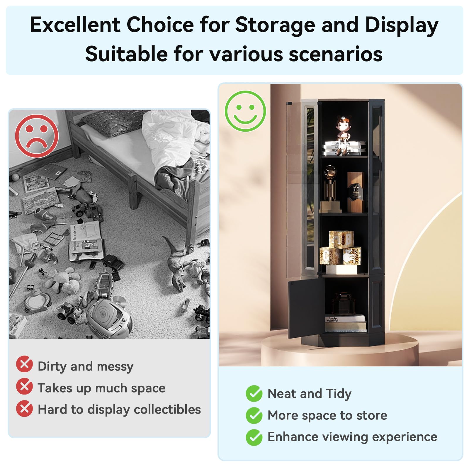 Corner Display Cabinet with LED Lights, 4-Tier Glass Curio Cabinet