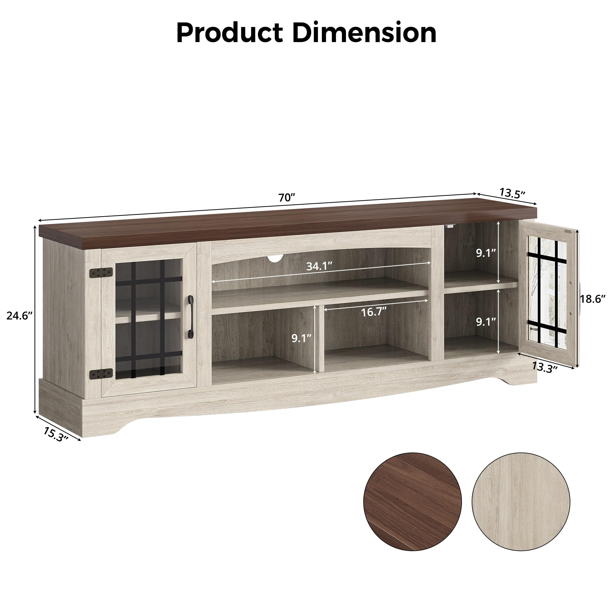 IRONCK Farmhouse TV Stand for 75 Inch TV, Rustic Entertainment Center with Storage Cabinets & Open Shelves, Grid Glass Doors, Media Console for Living Room, Bedroom(Light Oak & Walnut)
