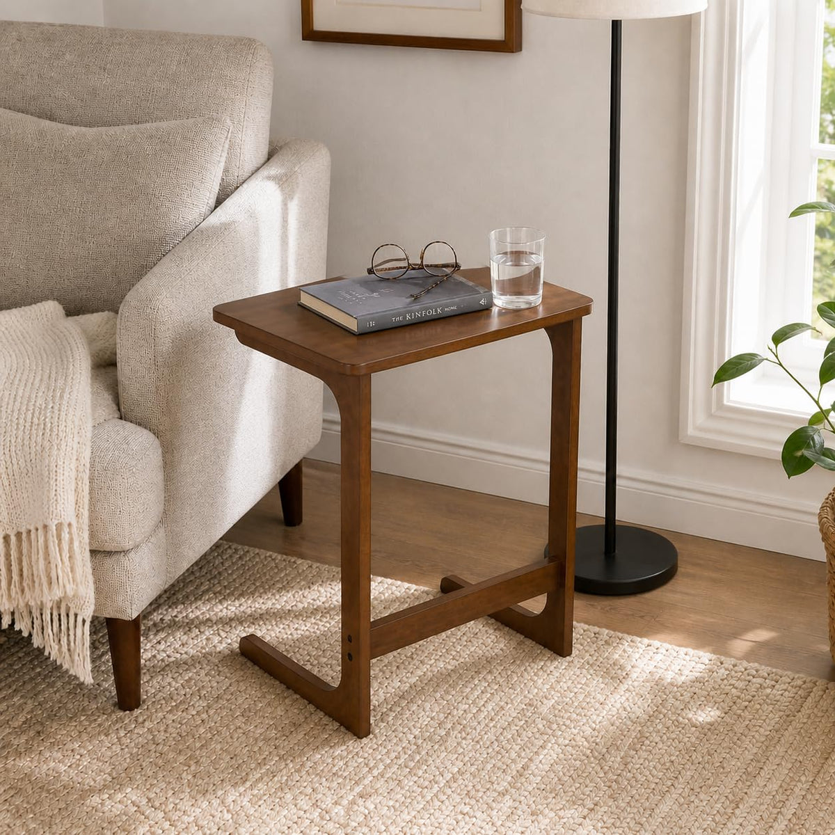 JAYULOR C-Shaped Side Table for Couch, Solid Rubberwood End Table, Walnut