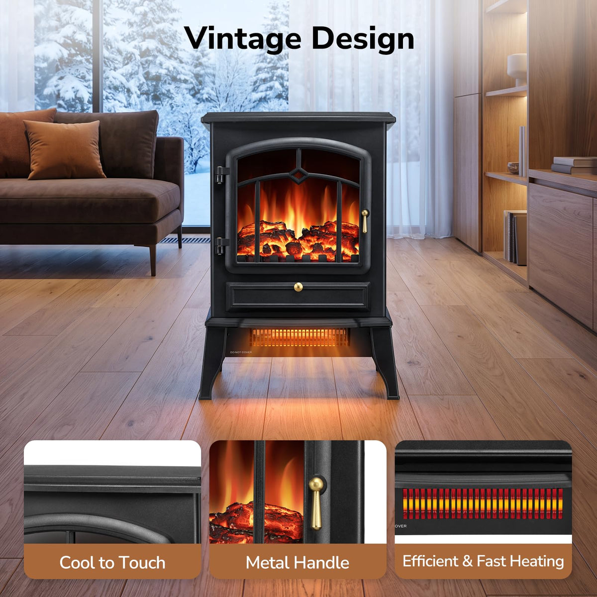 Electric Fireplace Heater Stove with 3D Flame, 1000/1500W & Flame-Only Mode