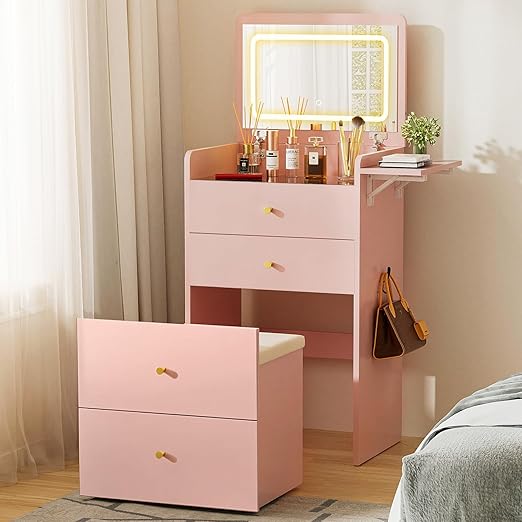 3-in-1 Vanity Desk with Mirror, Lights & Storage Stool