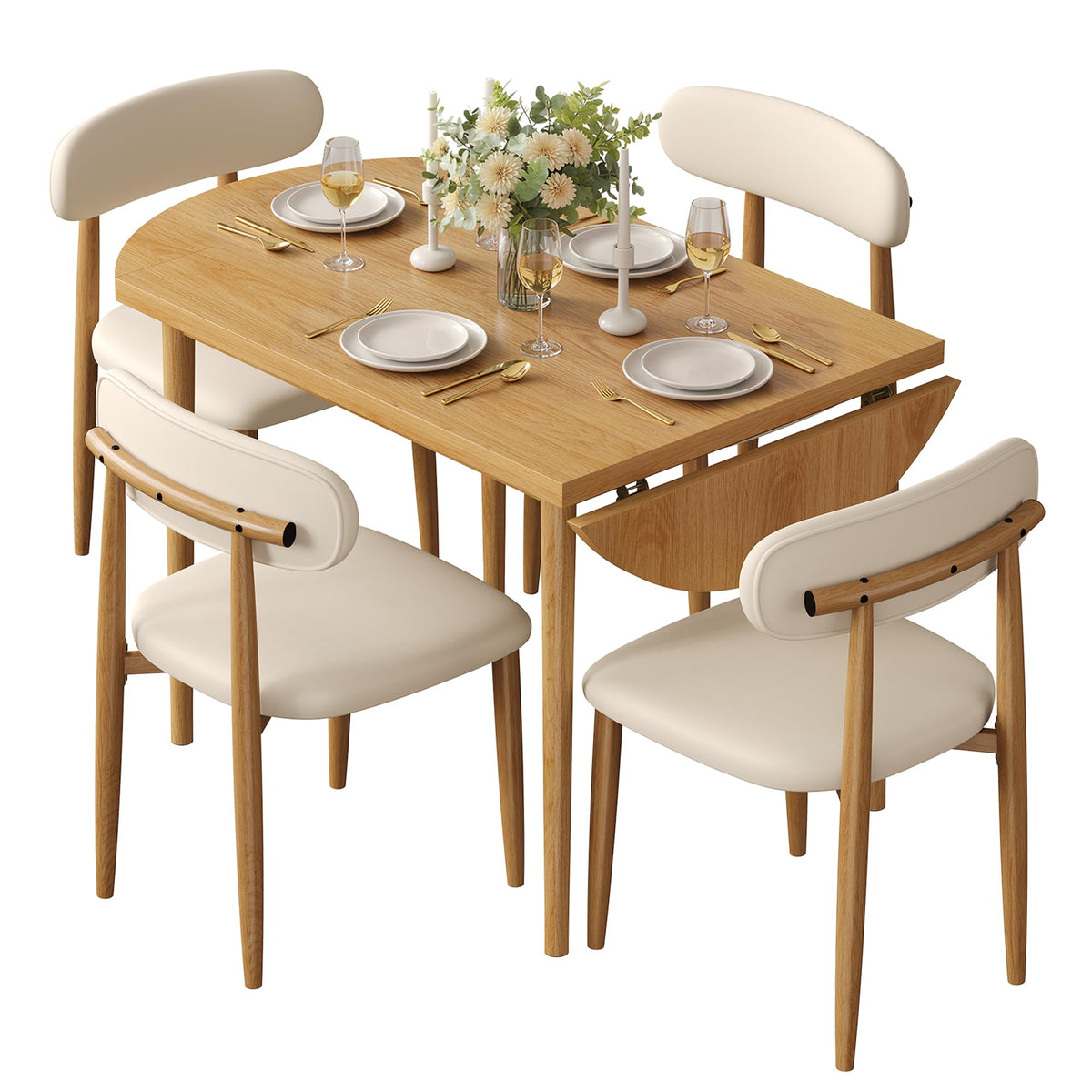 IRONCK Dining Table Set for 4, 55" Drop Leaf Desk, Natural Wood