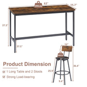 Cudalw Bar Table and Chairs Set for 3, 63" L Rectangle Sofa Table with 3 PU Upholstered Stools, 4 Piece Industrial Counter Height Dining Table Set for Living Room Kitchen Restaurant, Brown