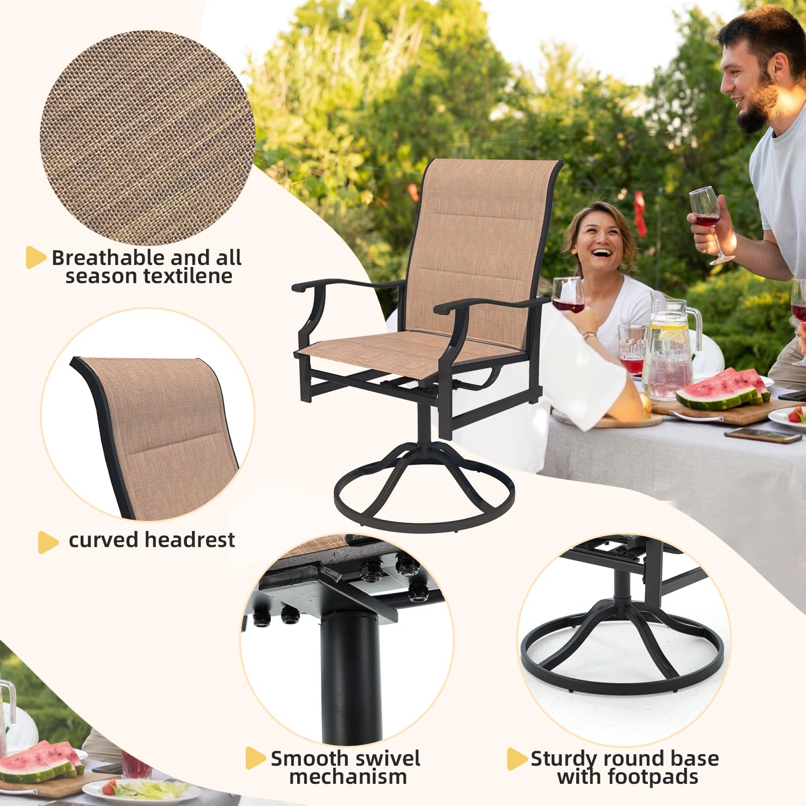 BUPPLEE Outdoor Patio Dining Set with 6 Swivel Chairs, Metal Table with Umbrella Hole, 7-Piece Patio Table and Chairs for Backyard, Poolside, Balcony and Garden (Brown)