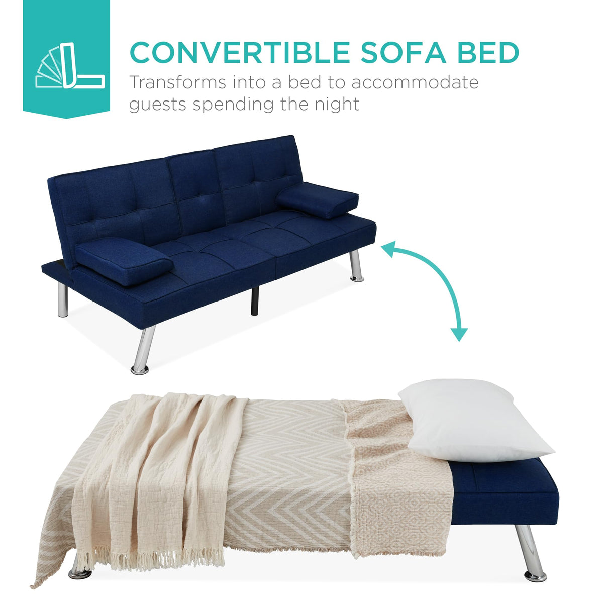 Best Choice Products Linen Modern Folding Futon, Reclining Sofa Bed for Apartment, Dorm w/Removable Armrests, 2 Cupholders - Dark Blue