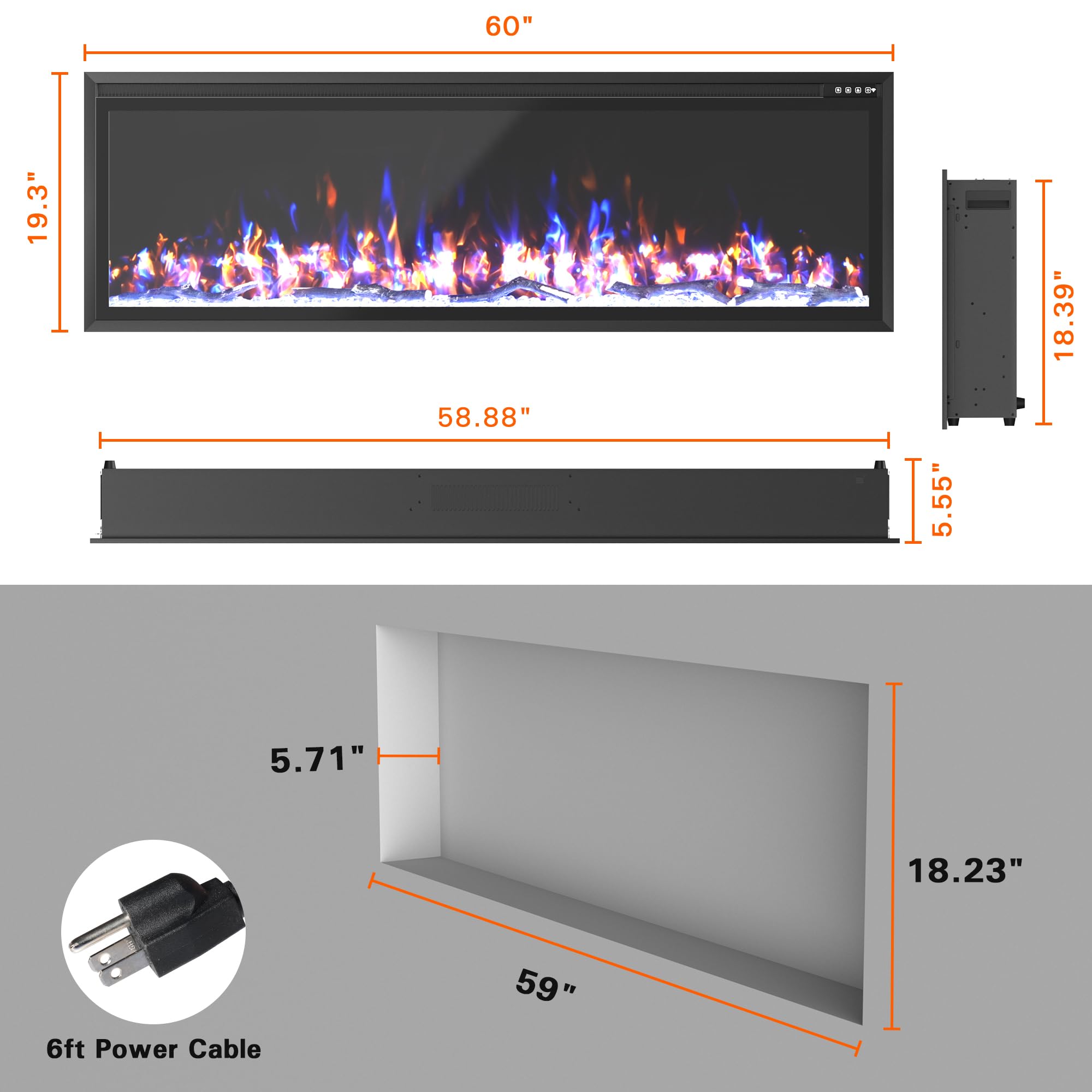 60-Inch Wall-Mounted Electric Fireplace Insert