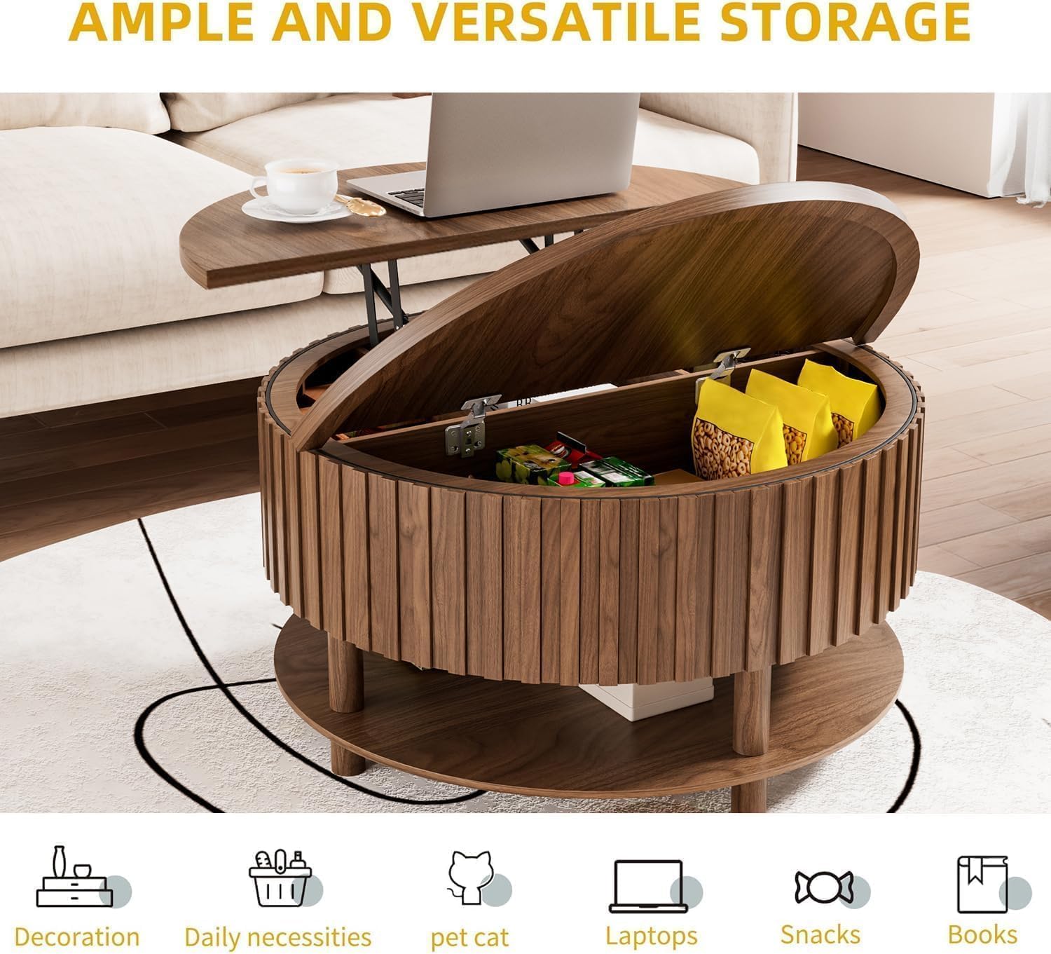 Limaoaio Round Lift Top Coffee Table with Storage, Mid Century Modern 2-Tier Circle Coffee Table with Hidden Compartment & Open Shelf, Fluted Wood Center Table for Living Room, Walnut